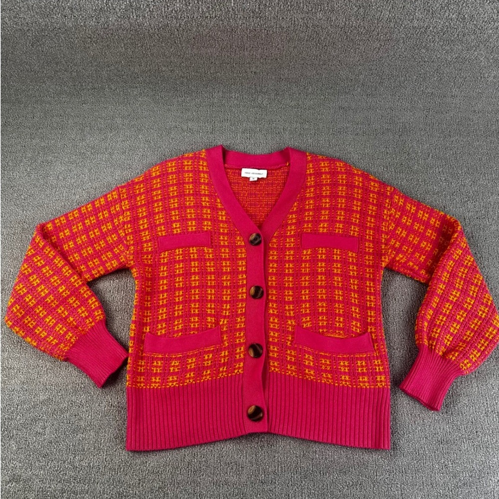 Free Assembly Cardigan Sweater Women Medium Pink Orange Grid Knit Academia Twee